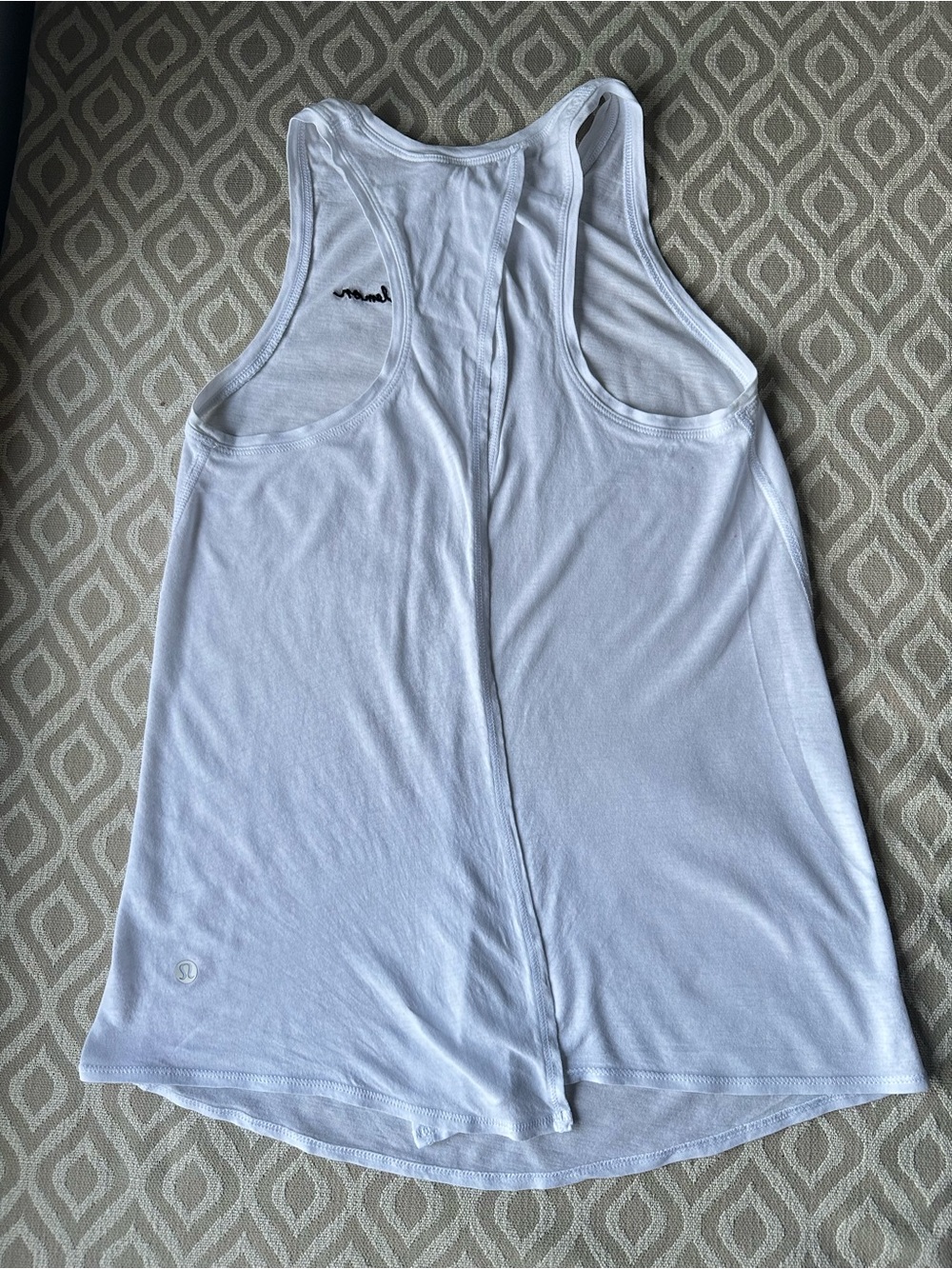 Lululemon All Tied Up White Tank w/Navy Script Sz 2 - Picture 2 of 7